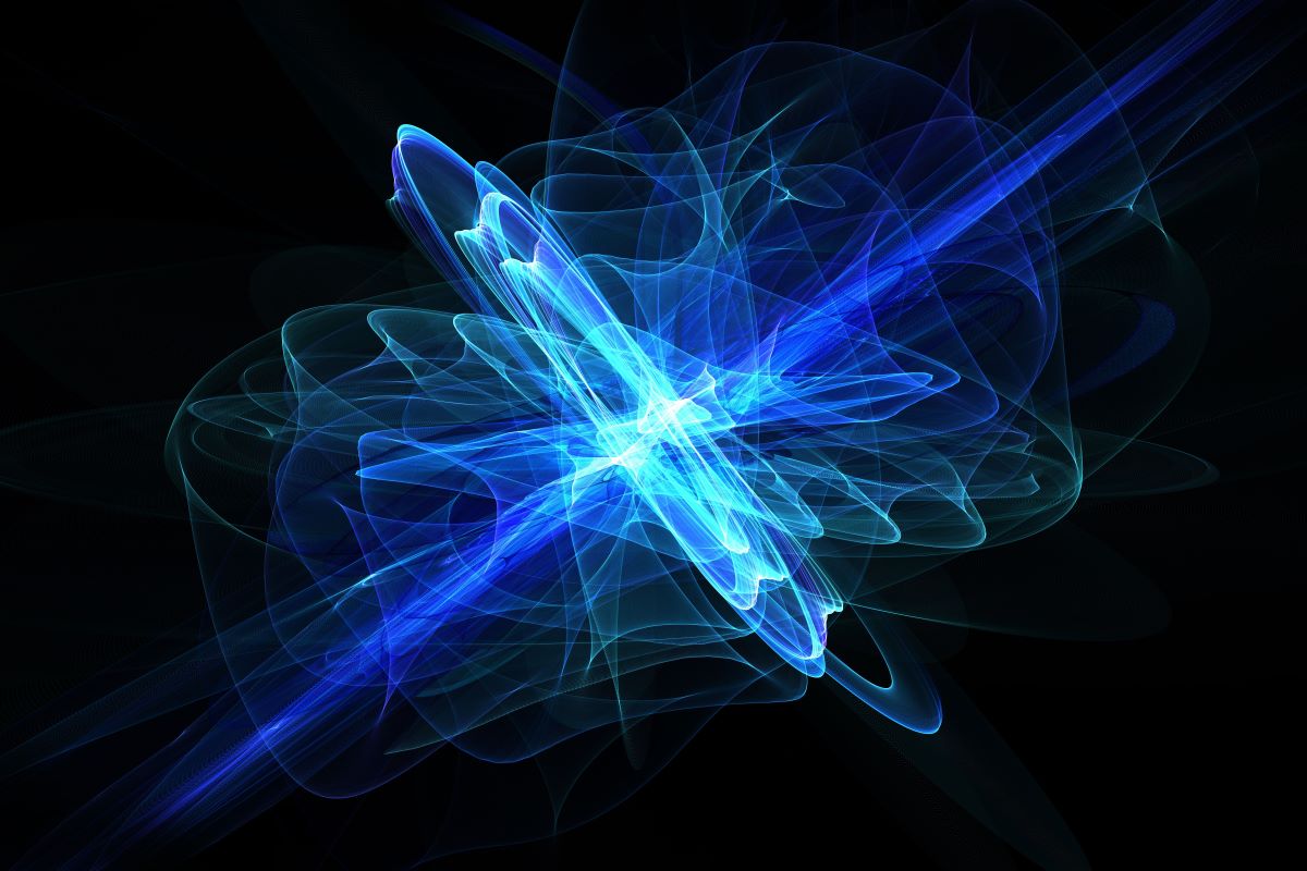 恒星が爆発し散らばるイメージとを表現した、らせん状に青い光が炸裂する構図の画像。