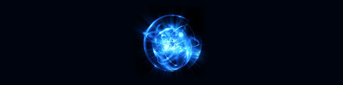 ３Dによる暗い背景に光る核モデル。輝くエネルギー球。原子核や電子の結合をイメージした画像。