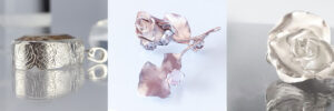 3枚の画像。①バラの彫刻が施されたシルバージュエリー②リアルな造形のバラのシルバーピンブローチ③リアルな造形のバラのペンダントトップ