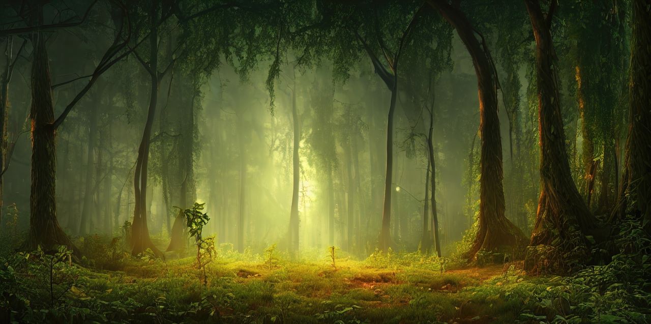 ファンタジーおとぎ話の魔法の森。木々の枝を介して差し込むゴールデンな夜の光。3Dイラスト。